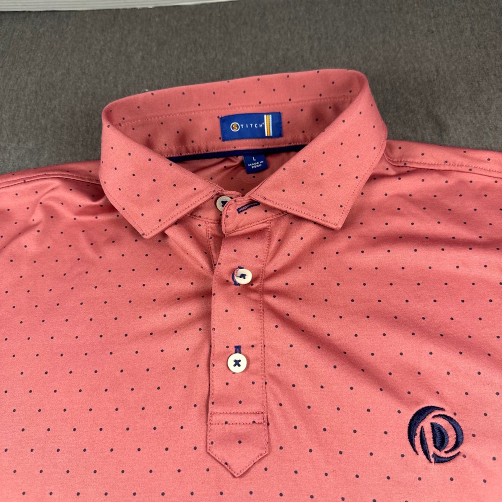 Stitch Golf Mens Salmon Pink Blue Polka Dot Performance Polo Shirt Large L